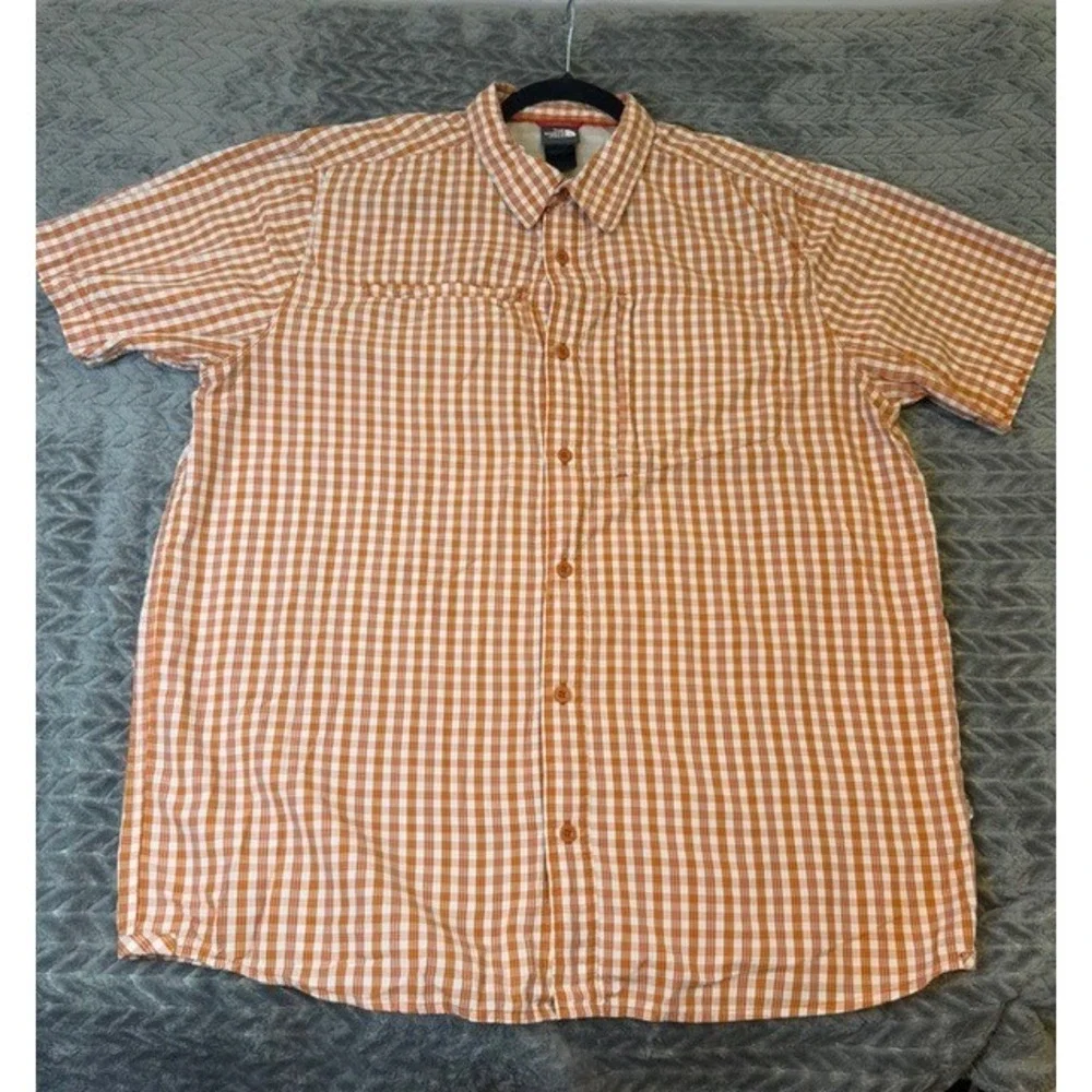 The North Face Mens XL Orange Gingham Plaid Short Sleeve Hiking Shirt 0148